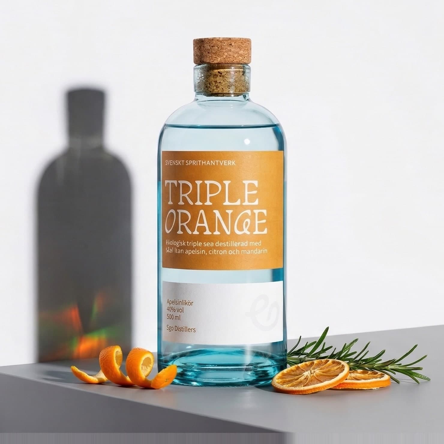 Bottle of Triple Orange with orange peel and rosemary, studio photograph