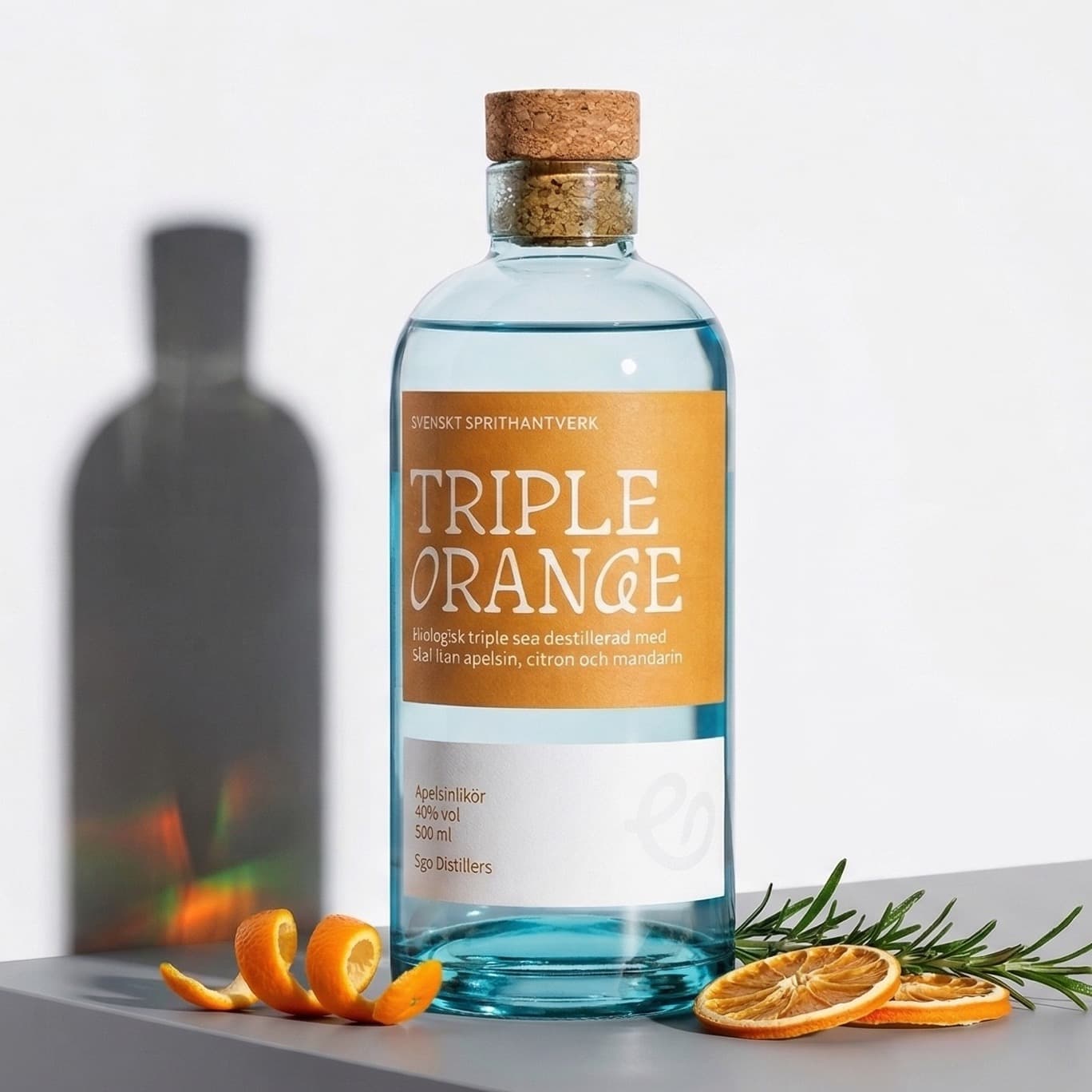 Flaska Triple Orange med apelsinskal och rosmarin, fotograferad i studio